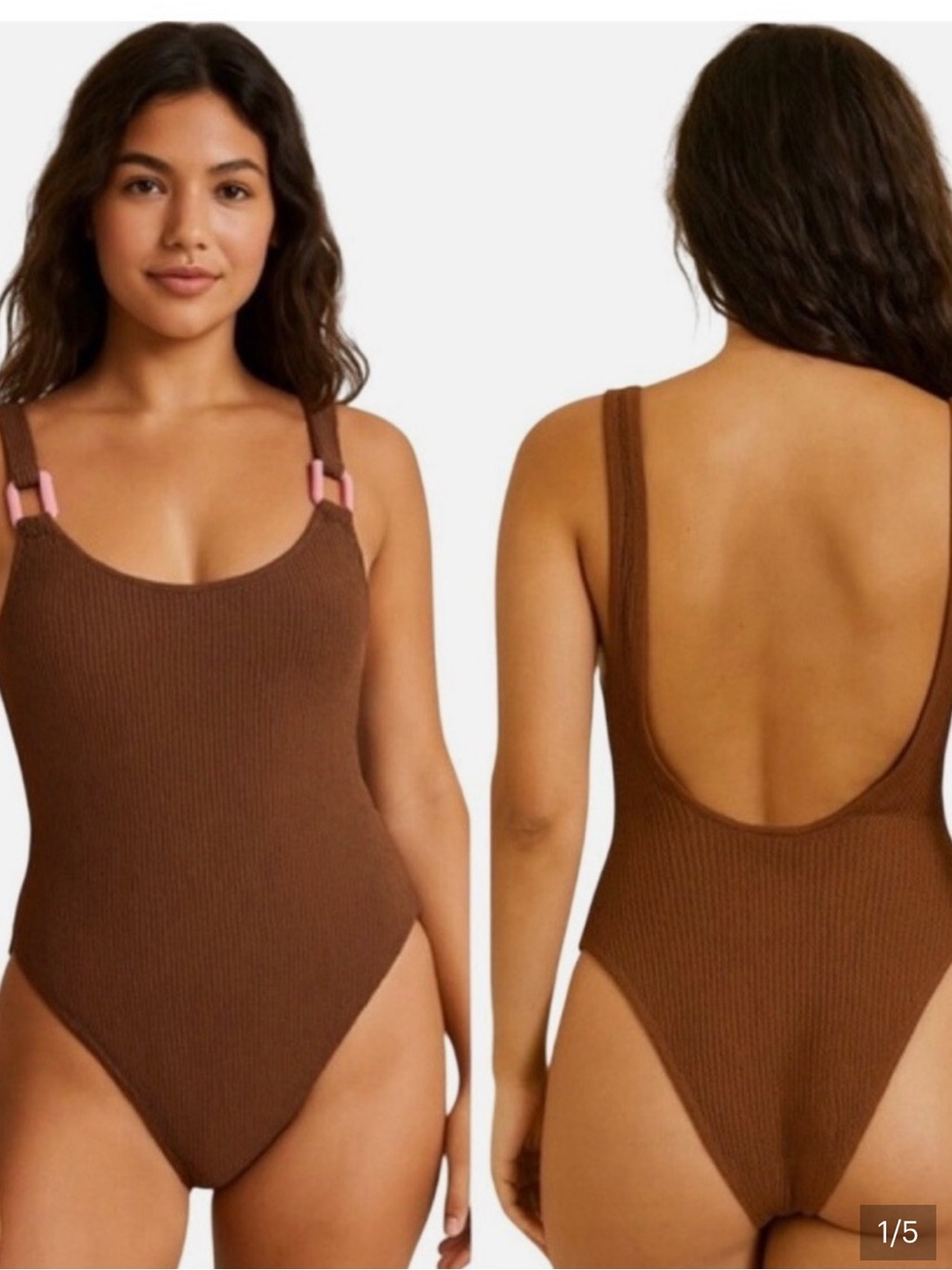 aerie Brown crinkle One-Piece Bathing suit with Pink Accent buckles NWOT Size M
